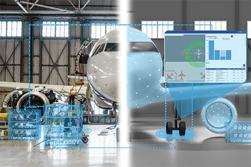 Ubisense has developed digital twins for processes. Shown here is a virtual replica of an MRO shopfloor via the installation of sensors and tagged, traceable assets. Ubisense image.
