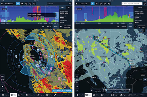 ForeFlight’s co-founder, Tyson Weihs, says the EFB has been a revolution. Shown here are flight planning and hazard modules. Other functions include checklists, documents/manuals, procedures previews and more. ForeFlight images.
